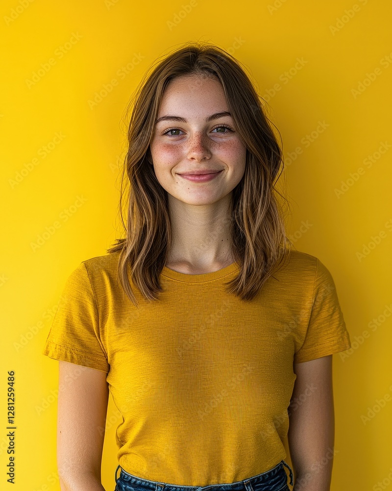 Fototapeta premium Smiling woman with freckles against a vibrant yellow backdrop, radiating youthful joy and positivity. Ideal for lifestyle, beauty, wellness, and fashion.