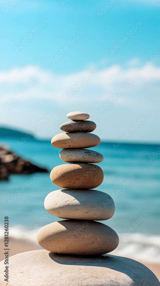 A serene coastal scene with stones stacked on top of each other, representing balance and harmony
A serene coastal scene with stones stacked on top of each other, representing balance and harmony