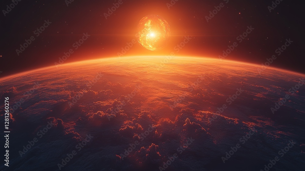 Fototapeta premium Fiery asteroid impact on a red planet's horizon.