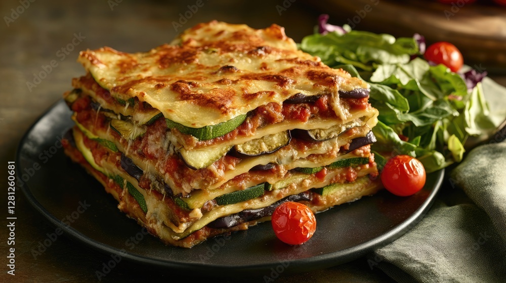 A shot of layered vegetable lasagna made with zucchini A shot of layered vegetable lasagna made with zucchini