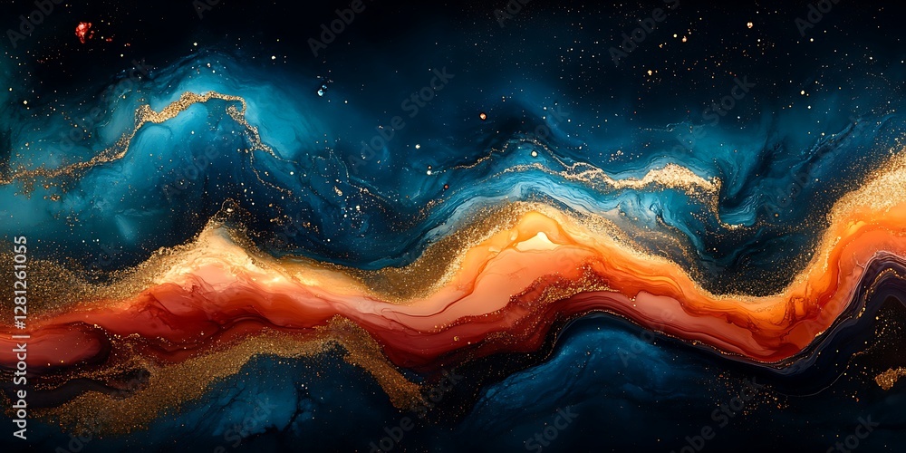 Obraz premium Abstract Fluid Art with Gold Glitter, Deep Colors and Dynamic Flow