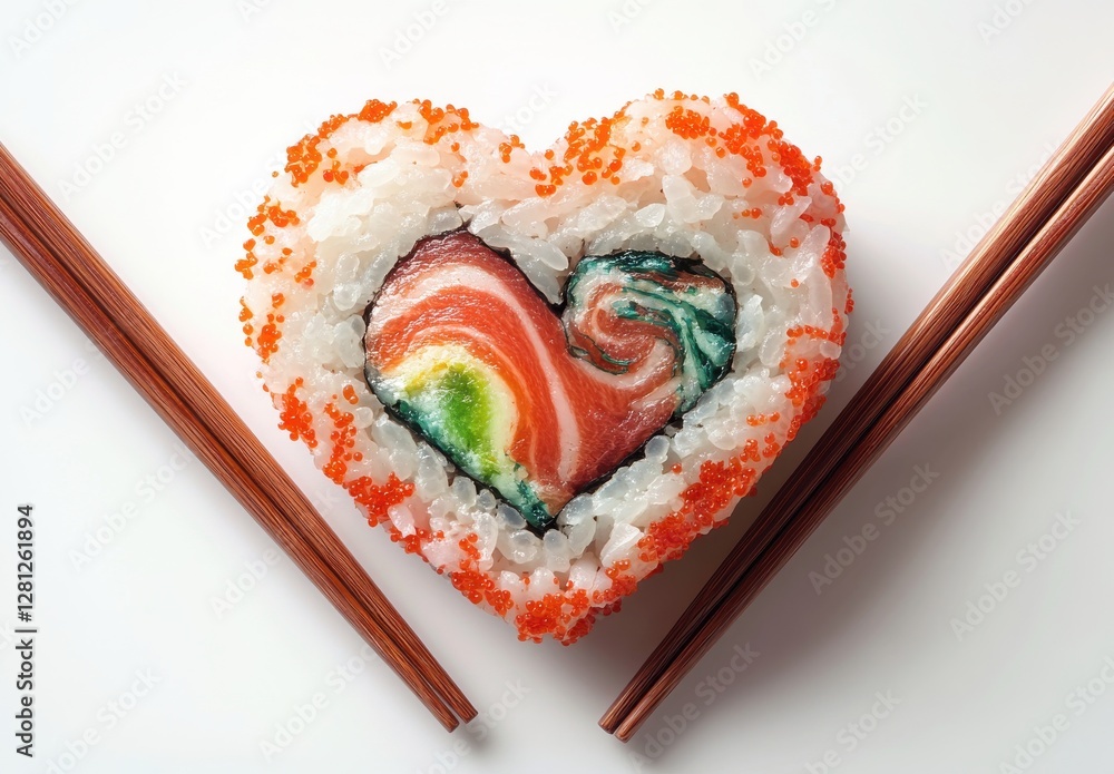 Heart-Shaped Sushi Delight with Colorful Salmon, Rice, and Toppings Served with Wooden Chopsticks on a White Plate Heart-Shaped Sushi Delight with Colorful Salmon, Rice, and Toppings Served with Wooden Chopsticks on a White Plate