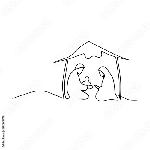 Nativity Scene, Minimalist Line Art, Holy Family, Christmas, Jesus, Mary, Joseph, Bethlehem, One line