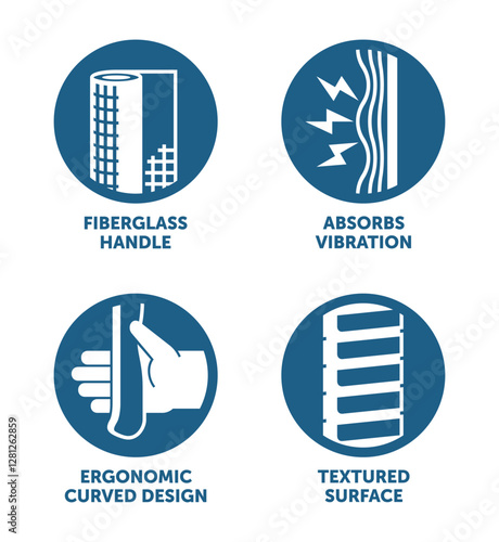 Hand tool circular icons set - Ergonomic, Textured surface, Fiberglass, Absorbs vibration