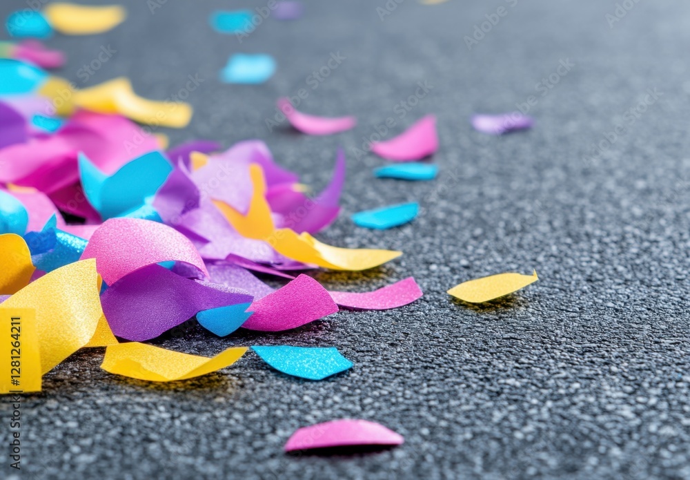 Colorful confetti scattered on a dark gray textured surface. Pink, purple, blue, and yellow paper pieces create a festive mood Colorful confetti scattered on a dark gray textured surface. Pink, purple, blue, and yellow paper pieces create a festive mood