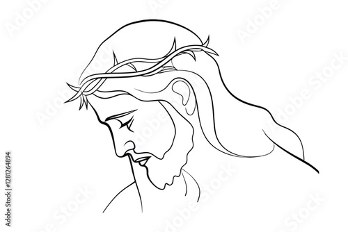 Jesus Christ, Crown of Thorns, Sorrow, Line Drawing, Biblical Art, Sacred, Holy, Christian, Faith,
