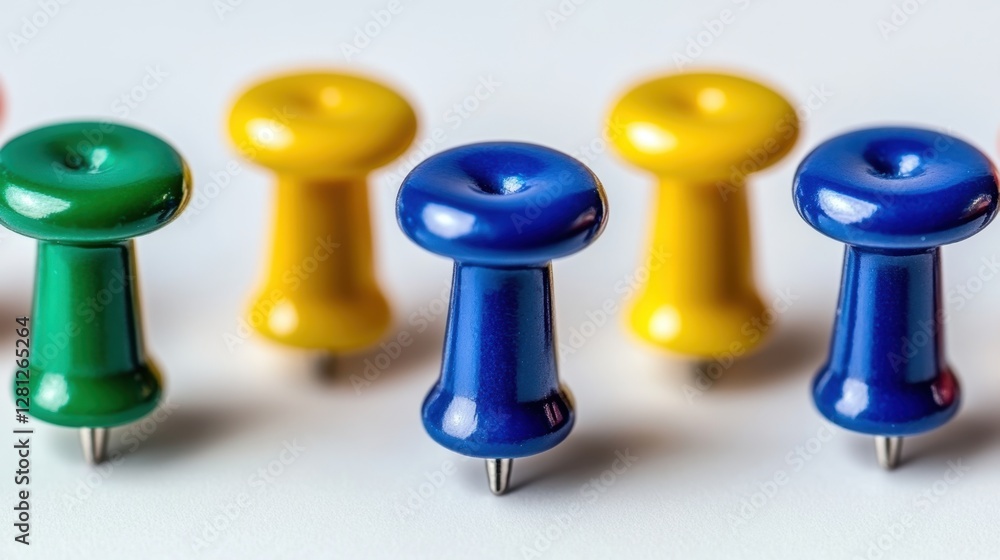 Close up view of colorful pushpins arranged in a row on a white background. Green, yellow, and blue pushpins are featured, with a focus on the blue Close up view of colorful pushpins arranged in a row on a white background. Green, yellow, and blue pushpins are featured, with a focus on the blue
