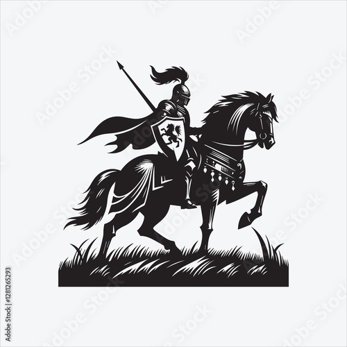 Knight with Horse Silhouette in Black and White for Medieval and Warrior-Themed Designs