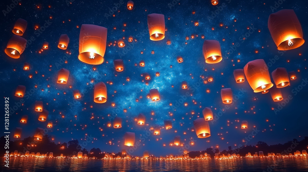 Obraz premium Kongming lanterns under the night sky