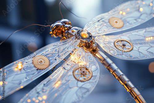 Mechanical dragonfly with glass wings and glowing gears
 photo