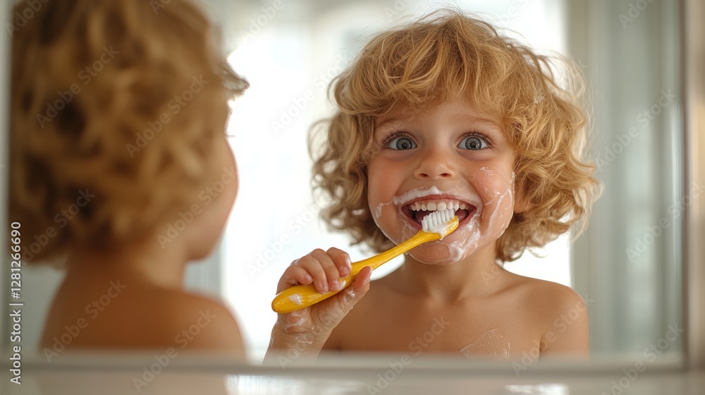 Child gleefully brushes teeth, creating a joyful moment in the bathroom Child gleefully brushes teeth, creating a joyful moment in the bathroom