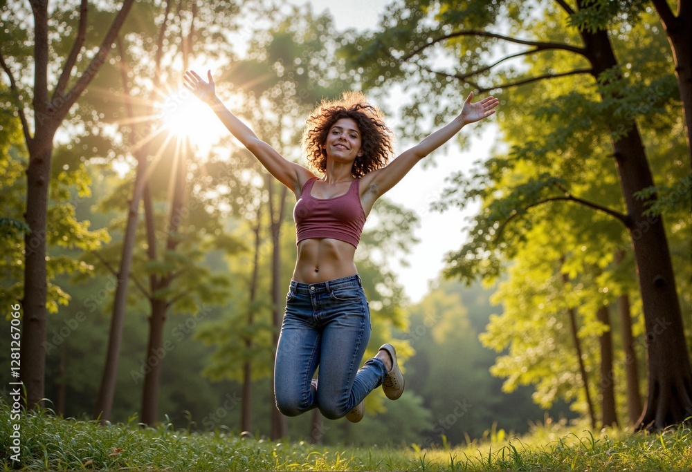 Woman jumping in forest for stress relief articles, nature therapy blogs, and mental health awareness campaigns Woman jumping in forest for stress relief articles, nature therapy blogs, and mental health awareness campaigns