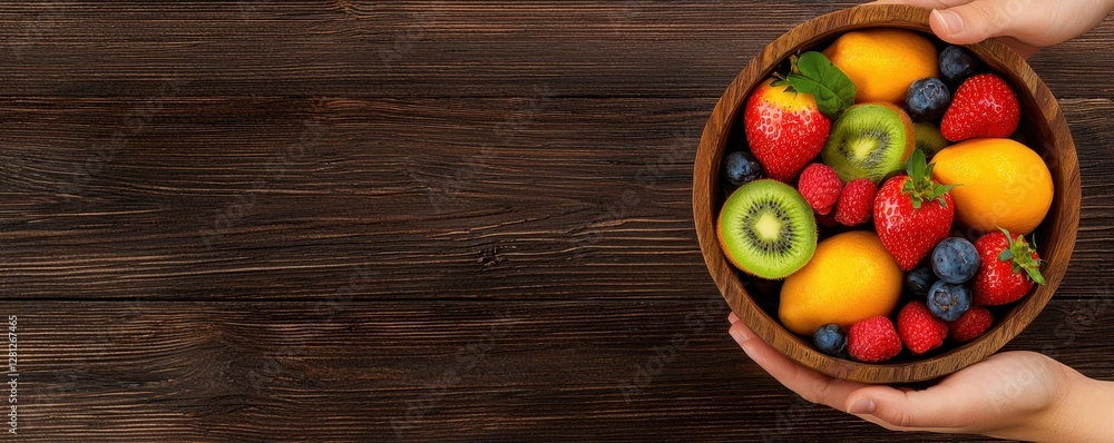 A basket of colorful Easter eggs surrounded by fresh vegetables, fruits, and other healthy foods on a wooden table A basket of colorful Easter eggs surrounded by fresh vegetables, fruits, and other healthy foods on a wooden table