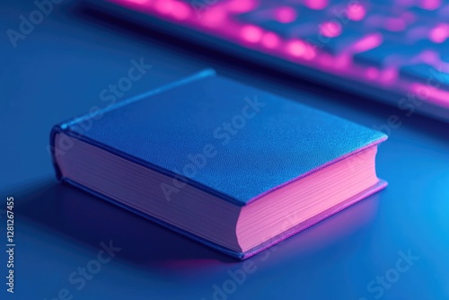 Minimalistic book illuminated by vibrant pink and blue lighting, photo