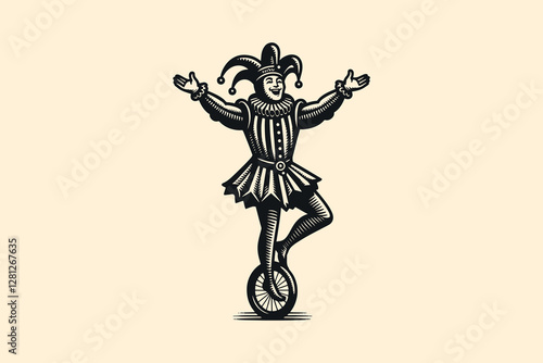 Medieval jester balancing on a unicycle, vintage engraving icon