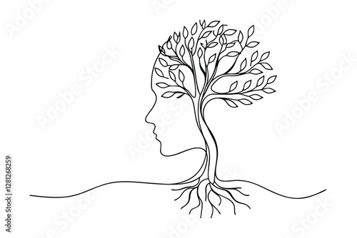 Oneline drawing, tree of life, womans face, nature, growth, roots, leaves, branches, continuous line