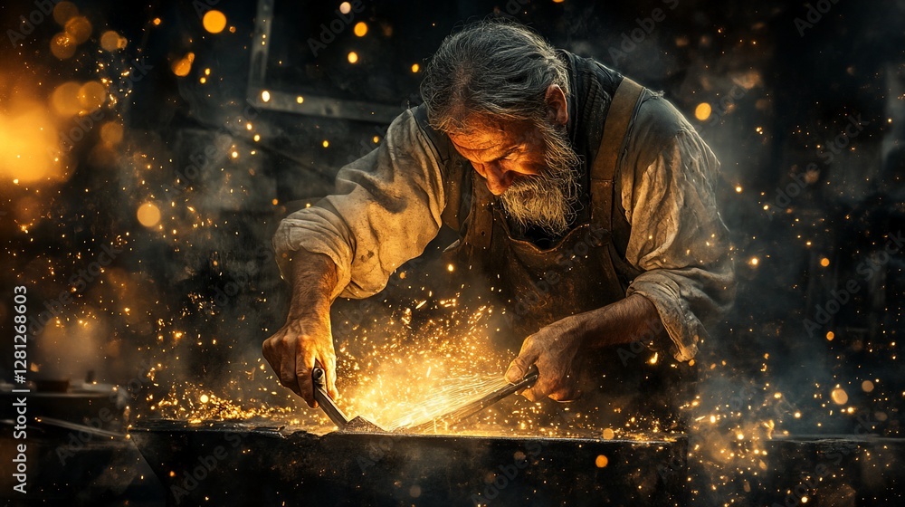 Master Blacksmith Working Metal with Sparks in a Fiery Forge Setting Master Blacksmith Working Metal with Sparks in a Fiery Forge Setting