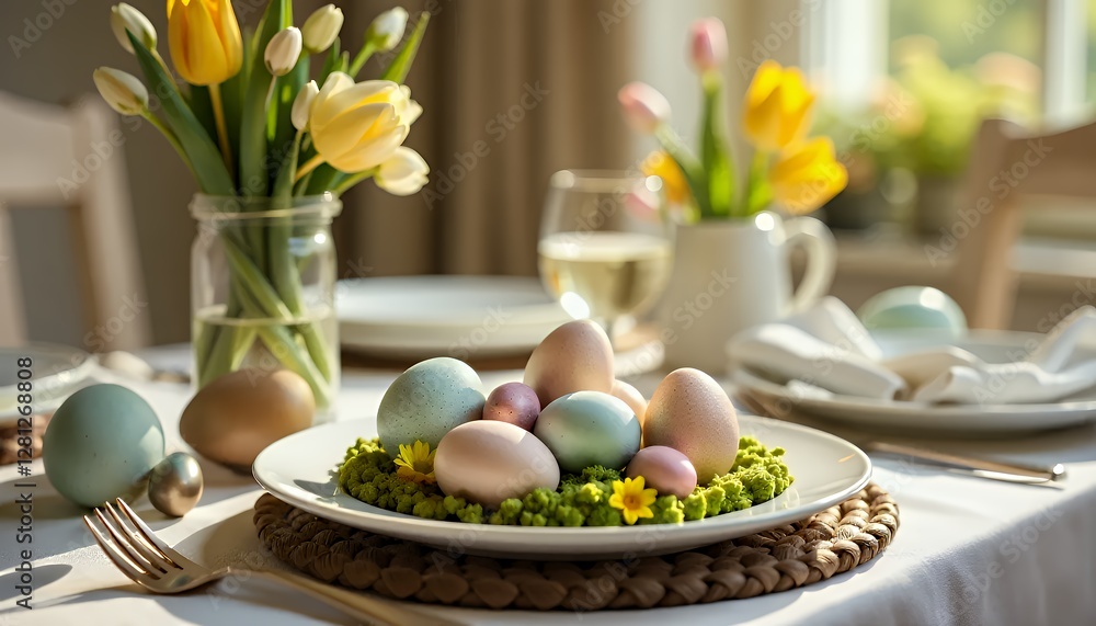 Easter Sunday family brunch with decorative eggs, spring flowers, and a cozy dining setup, perfect for holiday gatherings Easter Sunday family brunch with decorative eggs, spring flowers, and a cozy dining setup, perfect for holiday gatherings