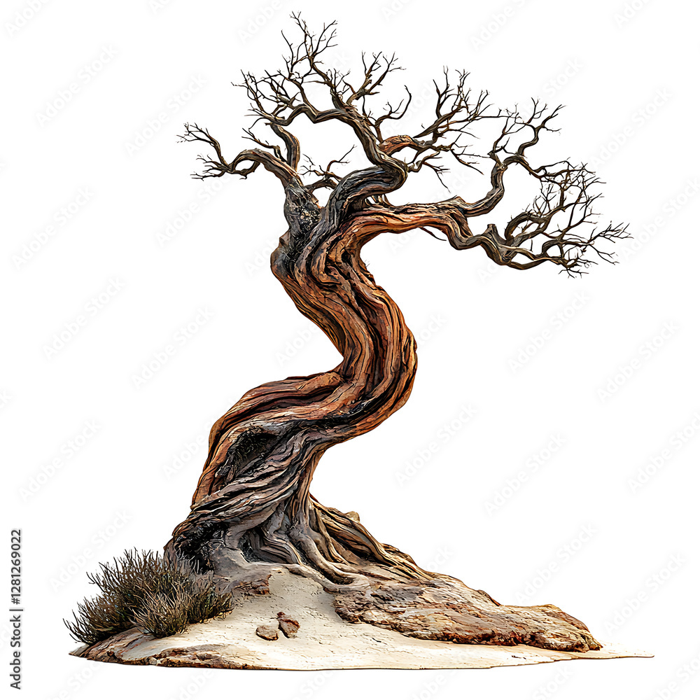 Fototapeta premium A dramatically gnarled and twisted dead bonsai-style tree stands prominently against a stark transparent background suitable for nature
