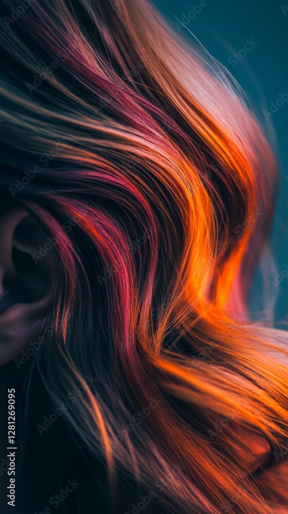 Fototapeta premium Captivating waves of vibrant hair dance with fiery colors. The interplay of light and shadow creates a stunning visual experience. Perfect for creative projects. Generative AI
