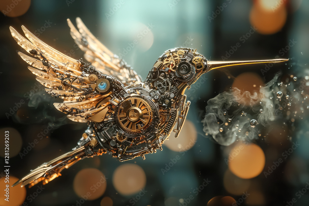 Mechanical hummingbird with golden wings exhaling steam
Mechanical hummingbird with golden wings exhaling steam