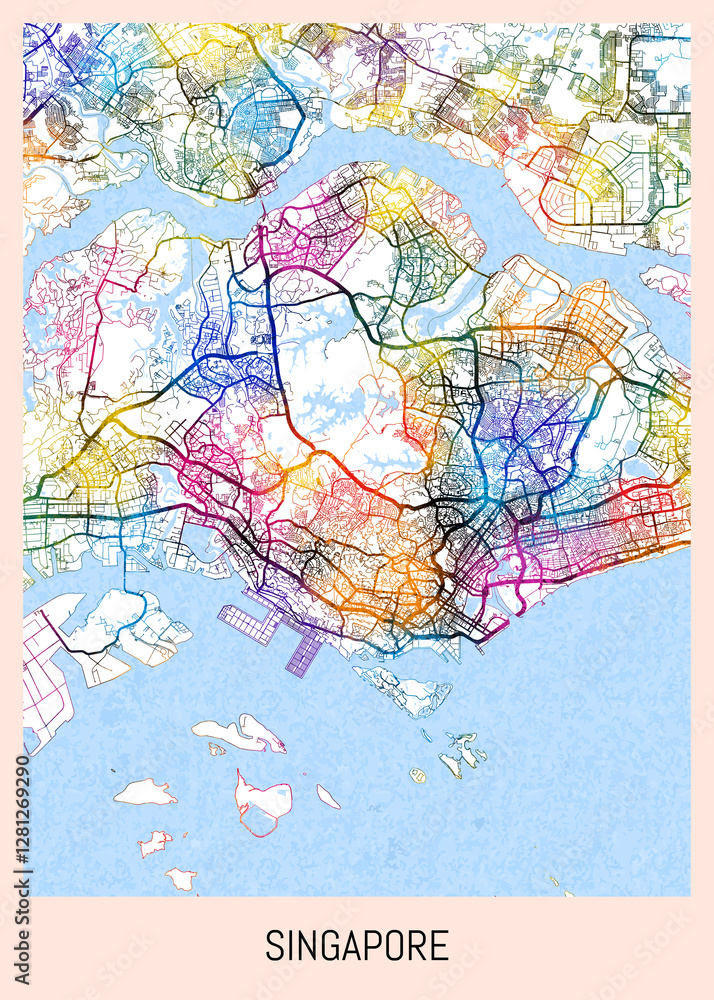 Obraz premium Singapore Map, district banner, business modern landmark, neighborhood paint travel, hometown downtown design, destination landmark