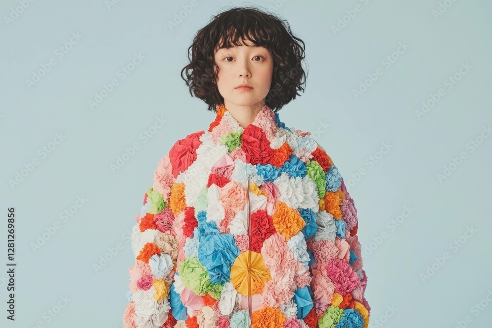 A young female model with a curly hairstyle wearing a colorful flower patterned jacket, showcasing vibrant colors against a soft pastel background, conveying joy and creativity A young female model with a curly hairstyle wearing a colorful flower patterned jacket, showcasing vibrant colors against a soft pastel background, conveying joy and creativity