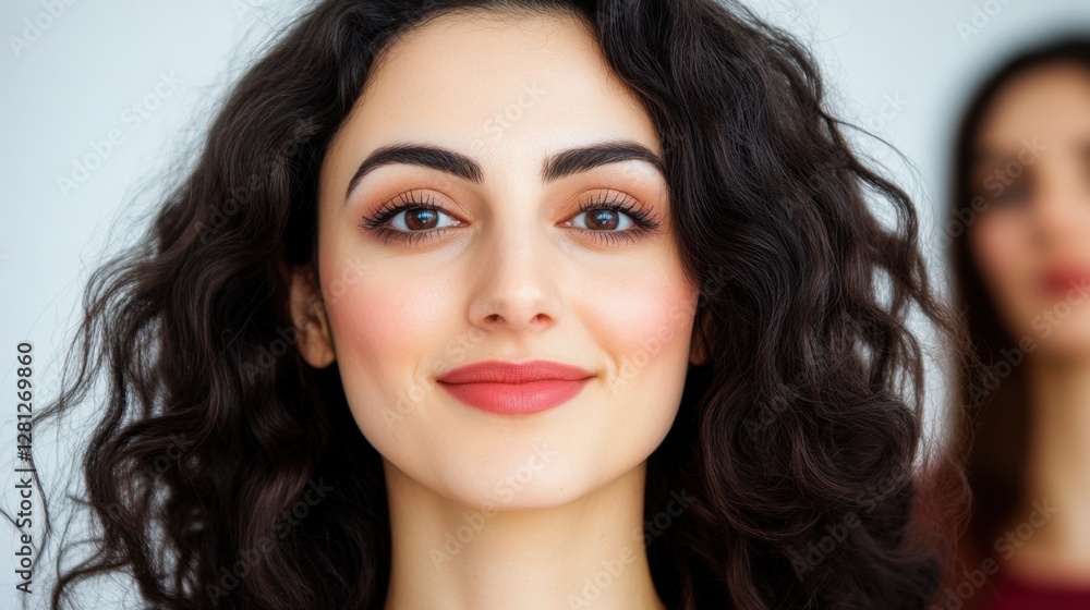 Close up portrait of a young woman with long, dark curly hair. Soft lighting and neutral background. She is smiling subtly, conveying a sense of calm Close up portrait of a young woman with long, dark curly hair. Soft lighting and neutral background. She is smiling subtly, conveying a sense of calm