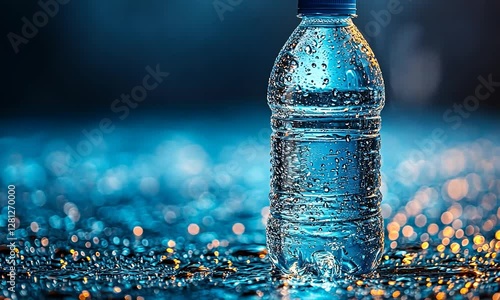 Close-up of a water bottle with droplets on a reflective surface, illuminated by soft blue and orange lights
