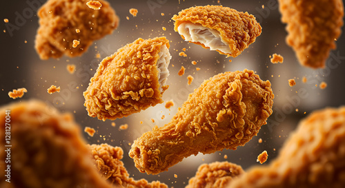 Crispy golden fried chicken pieces falling through the air, with crunchy flakes breaking off.