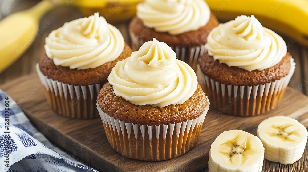 Banana cupcakes on wood, iced, ready to eat, with bananas blurred, for dessert Banana cupcakes on wood, iced, ready to eat, with bananas blurred, for dessert