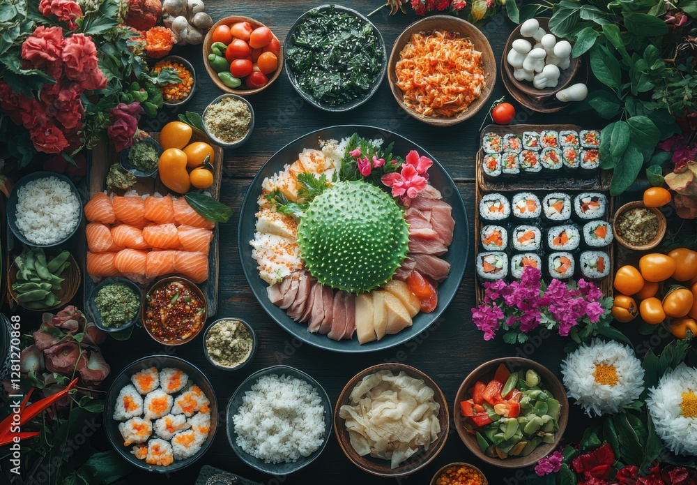 Fototapeta premium Vibrant Assortment of Fresh Ingredients and Dishes Arranged Elegantly on Dark Wooden Table Surrounded by Colorful Flowers and Herbs