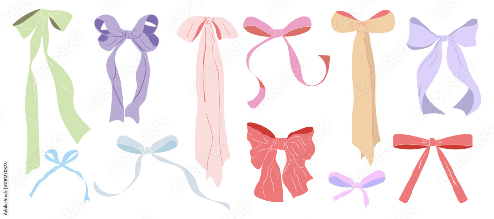 A big set of colorful bows with hand drawn ribbons. Girly design elements for weddings, bachelorette parties, and birthdays. Vector illustration. Isolated. A big set of colorful bows with hand drawn ribbons. Girly design elements for weddings, bachelorette parties, and birthdays. Vector illustration. Isolated.
