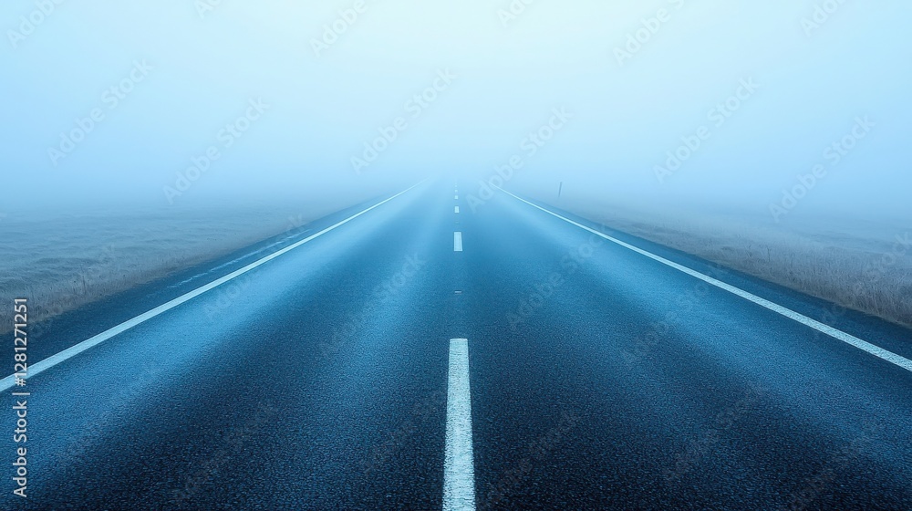 Fototapeta premium Panoramic view of a long, winding road under a foggy sky enhancing the sense of adventure