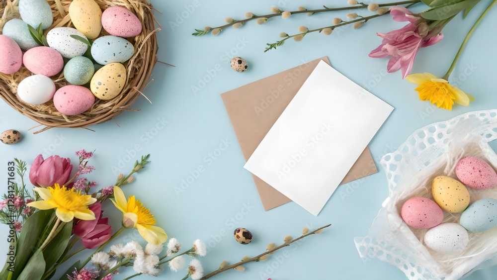Pastel Easter Flat Lay with Blank Card and Flowers