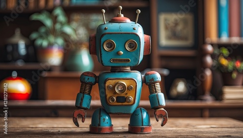 Vintage mechanical robot toy with blue and red colors sitting on a wooden table in a cozy room with bookshelves in the background