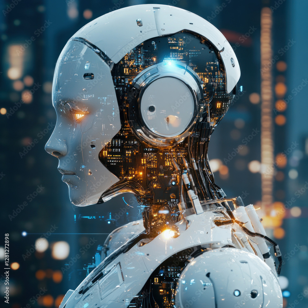 Fototapeta premium a cybernetic robot with a human appearance. Its face is made of transparent material, through which the internal mechanical structure with many glowing wires and circuits is visible 