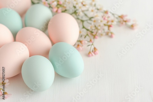 pastel-colored easter eggs scattered on light wooden table surrounded by small delicate spring flowers creating soft