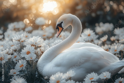 Fototapeta Naklejka Na Ścianę i Meble -  a beautiful swan swimming calmly among white daisies against the warm, soft light of the sunset. 