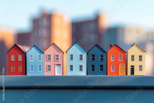 Wallpaper Mural row of miniature houses resting on ledge highlighting diversity in architecture with natural light casting shadows Torontodigital.ca