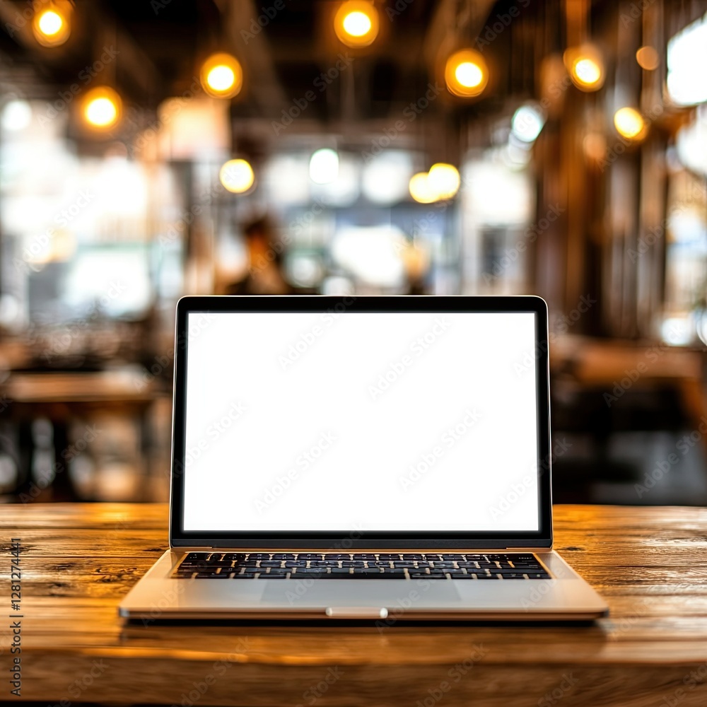 Laptop with blank white screen on wooden tabletop against blurred background of coffee shop Laptop with blank white screen on wooden tabletop against blurred background of coffee shop