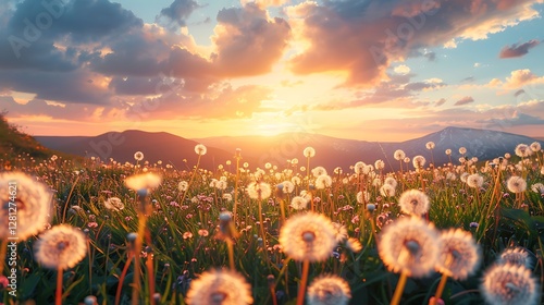 dandelion field in rural landscape at sunrise. beautiful nature scenery with blooming weeds in morning light. clouds on the sky above the distant mountain