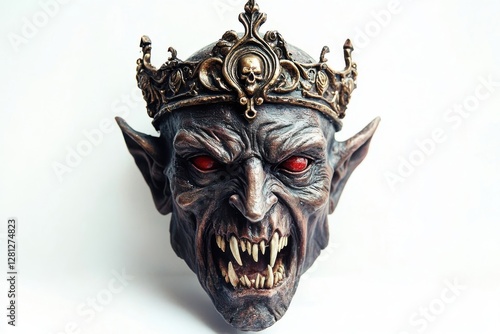 Crowned Demon Head Sculpture With Fangs And Red Eyes photo