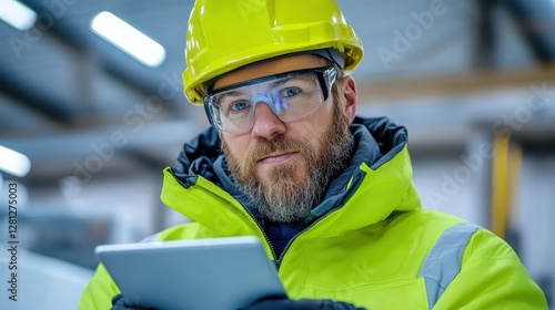 Focused male engineer in a lime green high visibility jacket and safety helmet uses a tablet in a industrial setting