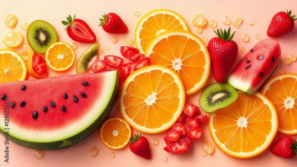 Naklejka premium Vibrant Summer Bliss: A Colorful Symphony of Fresh Fruits, Juicy Flavors, and Refreshing Sweetness – A Celebration of Nature’s Bounty and Tropical Delight