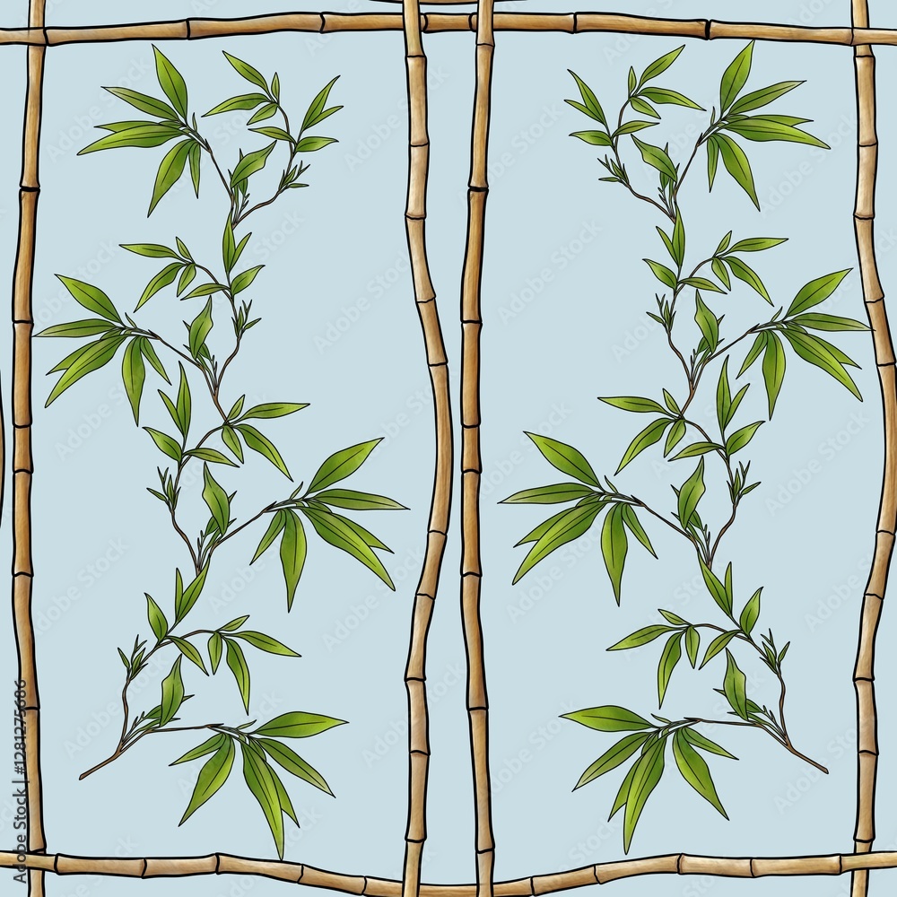 Fototapeta premium Seamless Pattern Traditional Japanese Ornament with Bamboo Big Design on Pastel Blue Background