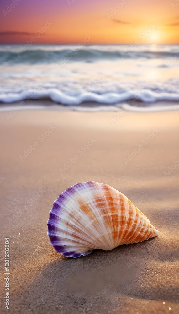 Beautiful Seashell on the Shore Against a Stunning Sunset and Gentle Waves. Beautiful Seashell on the Shore Against a Stunning Sunset and Gentle Waves.