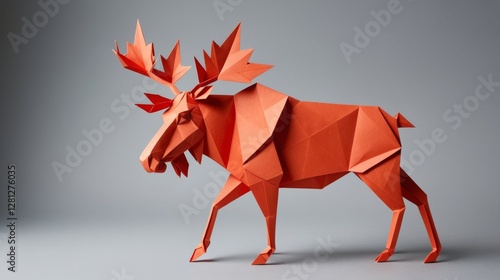 Origami moose sculpture in vibrant orange colors on a neutral background for decoration