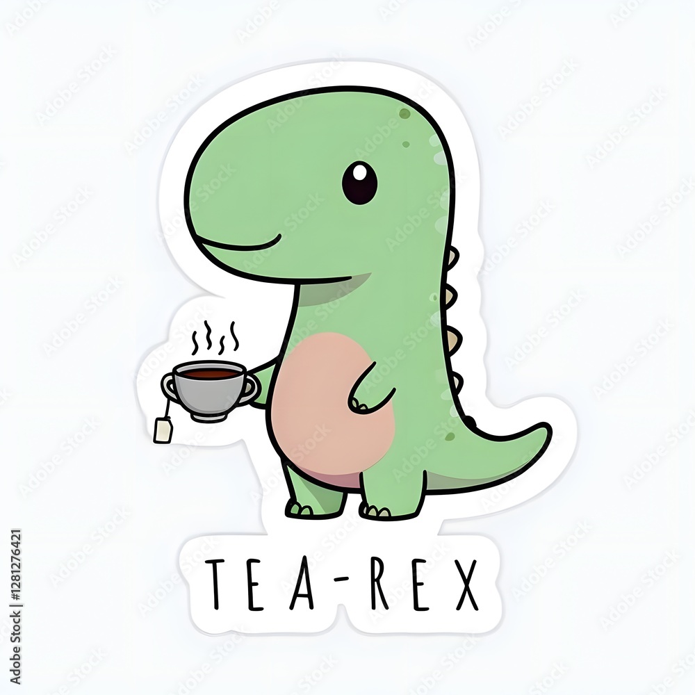 Fototapeta premium Cute Tea-Rex Dinosaur Character with Teacup Sticker