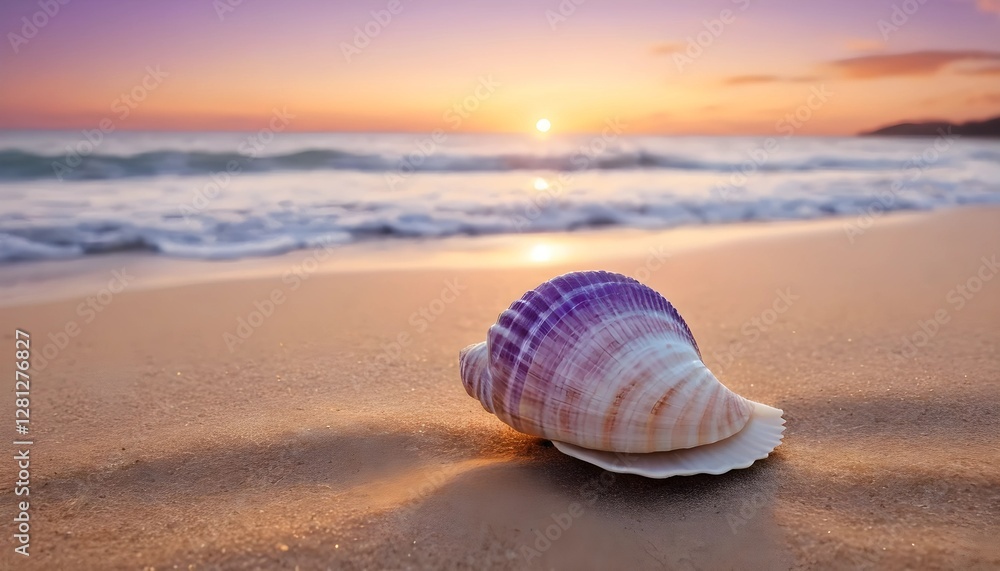 Beautiful Seashell on the Shore Against a Stunning Sunset and Gentle Waves. Beautiful Seashell on the Shore Against a Stunning Sunset and Gentle Waves.